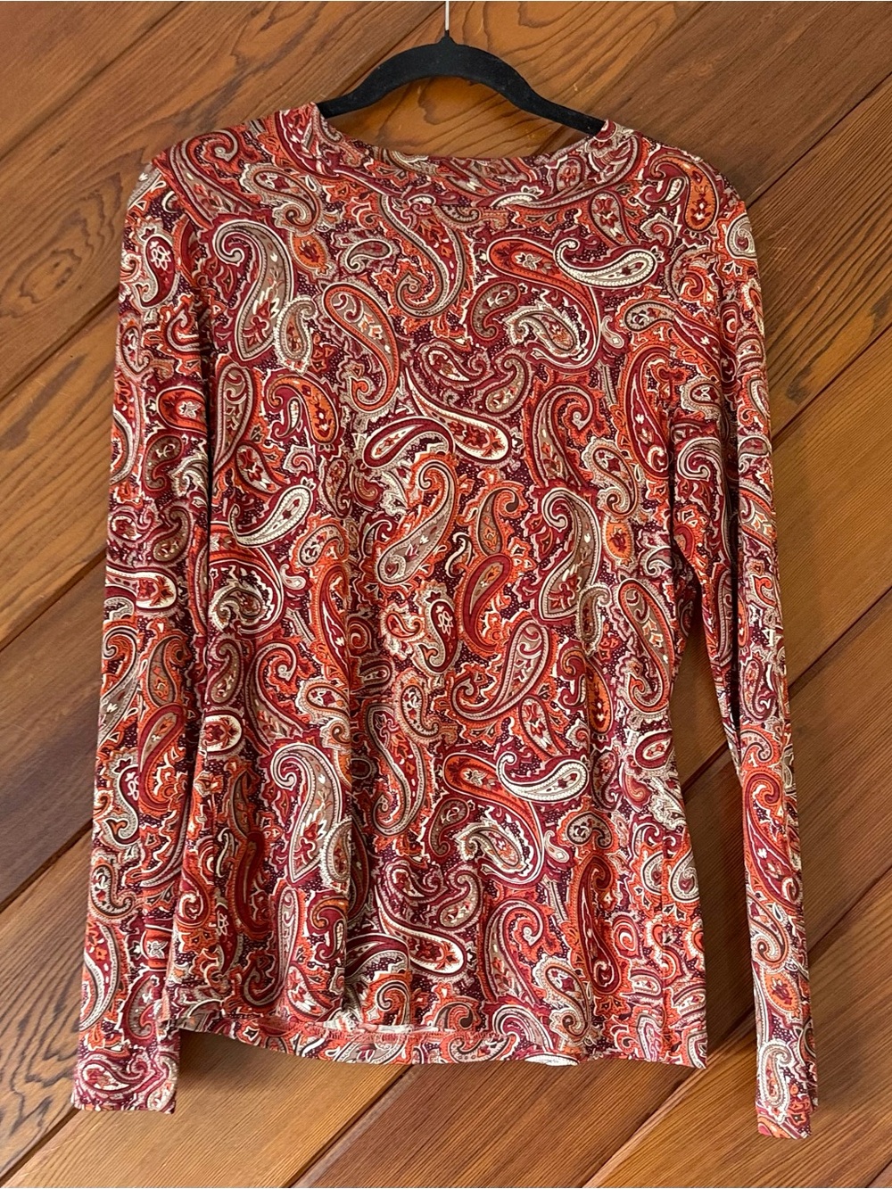 WinterSilks 100% Pure Silk Paisley Long Sleeve Top Women's Medium Burgundy Rust